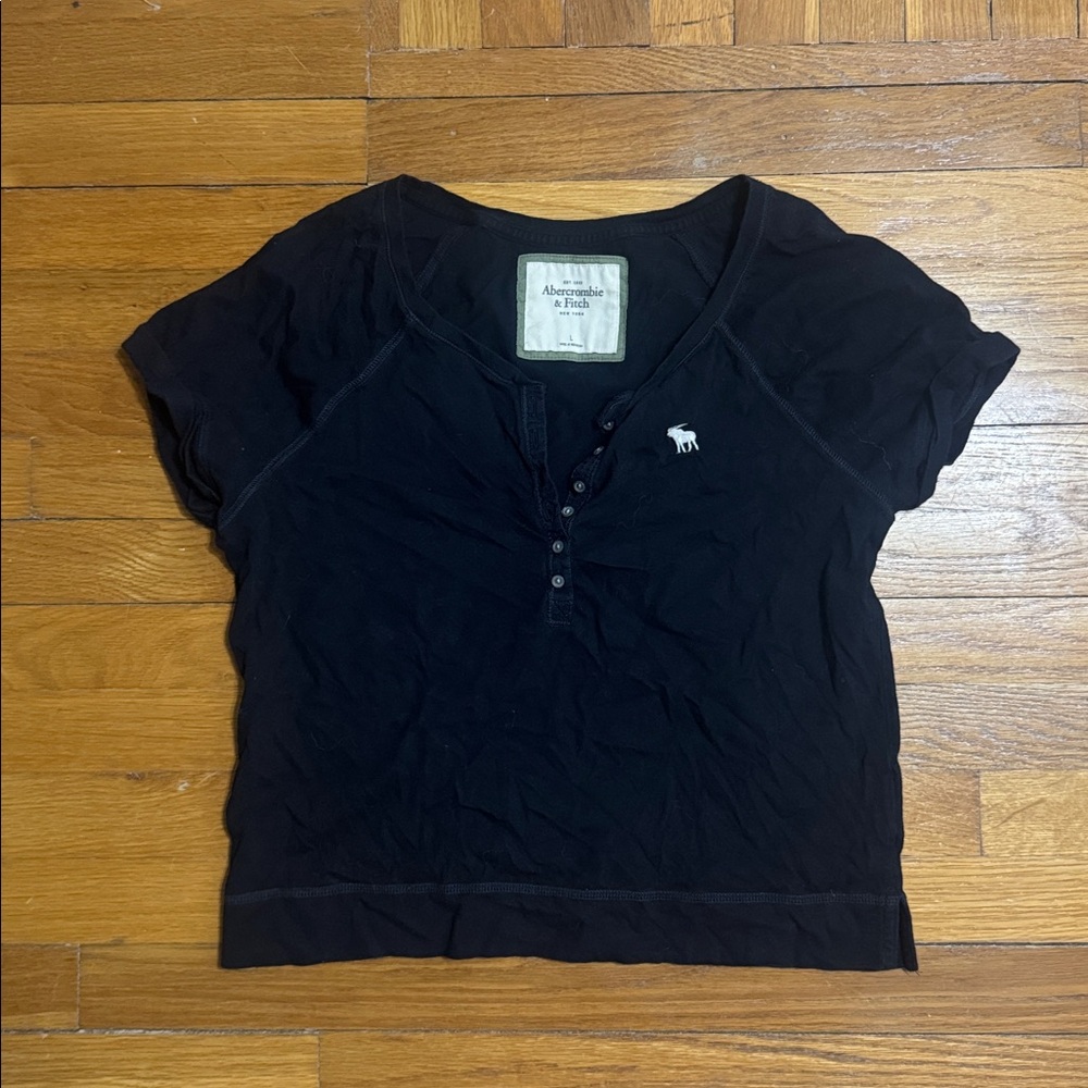 Abercrombie & Fitch Black Henley Tee with White Moose Logo